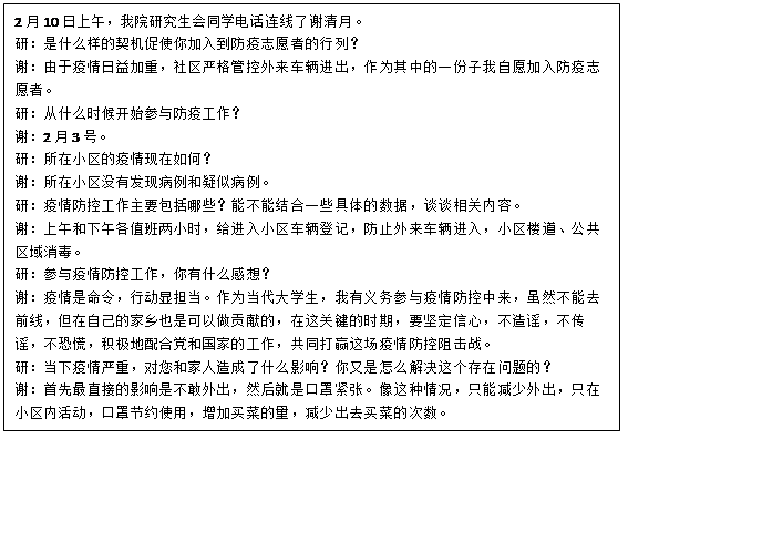 文本框: 2月10日上午，黄金城官网
研究生会同学电话连线了谢清月。研：是什么样的契机促使你加入到防疫志愿者的行列？谢：由于疫情日益加重，社区严格管控外来车辆进出，作为其中的一份子我自愿加入防疫志愿者。研：从什么时候开始参与防疫工作？谢：2月3号。研：所在小区的疫情现在如何？谢：所在小区没有发现病例和疑似病例。研：疫情防控工作主要包括哪些？能不能结合一些具体的数据，谈谈相关内容。谢：上午和下午各值班两小时，给进入小区车辆登记，防止外来车辆进入，小区楼道、公共区域消毒。研：参与疫情防控工作，你有什么感想？谢：疫情是命令，行动显担当。作为当代大学生，我有义务参与疫情防控中来，虽然不能去前线，但在自己的家乡也是可以做贡献的，在这关键的时期，要坚定信心，不造谣，不传谣，不恐慌，积极地配合党和国家的工作，共同打赢这场疫情防控阻击战。研：当下疫情严重，对您和家人造成了什么影响？你又是怎么解决这个存在问题的？谢：首先最直接的影响是不敢外出，然后就是口罩紧张。像这种情况，只能减少外出，只在小区内活动，口罩节约使用，增加买菜的量，减少出去买菜的次数。